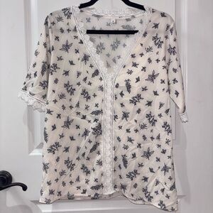 Sheer White Blouse beach swim coverup with Black Floral Pattern